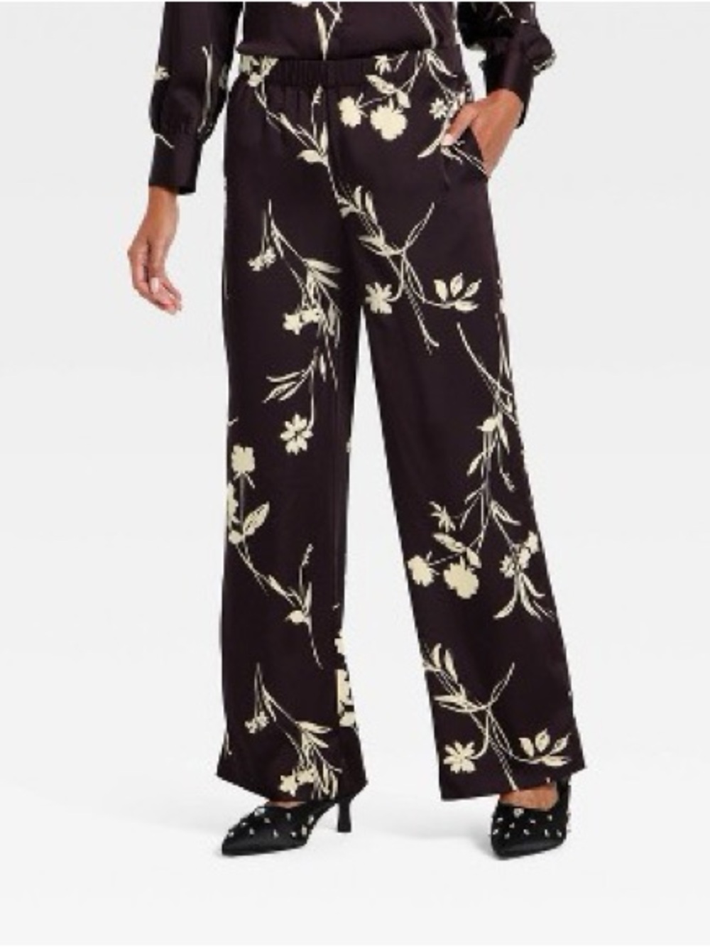 Wide-Leg, Satin, Floral Print Pants - Brown/Cream